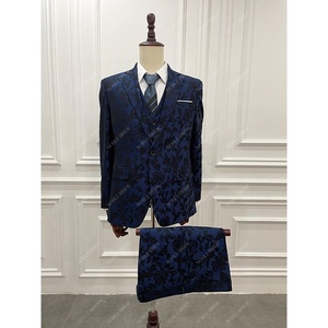 Costumes pour hommes de style italien bleu <span class=keywords><strong>marine</strong></span>, veste et pantalon sur mesure, haute qualité, jacquard, blazers et vestes de mariage, 3 pièces - Product Image 1