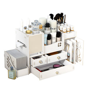 木製デスク化粧品メイクアップオーガナイザー/ジュエリー収納ボックスケースディスプレイ、引き出し3つ、ミラー付き - ピンク、ホワイト、木目調 - Product Image 2