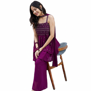 Haut en Georgette de haute qualité avec belle Georgette Plazzo avec miroir en feuille et travail de séquence (entièrement cousu) - Product Image 1