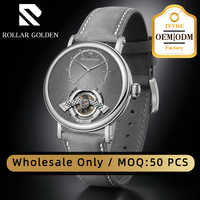 [MOQ 50] Montre mécanique automatique de luxe pour homme Rolar Golden avec tourbillon, bracelet en cuir personnalisé, montres-bracelets étanches
