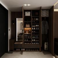 Meuble à chaussures d'entrée sur mesure avec banc miroir, niche d'éclairage LED et tiroirs, finition bois foncé
