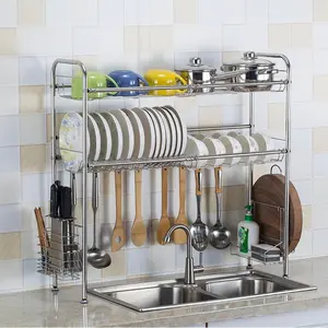 Multifunzionale In Acciaio Inox 2 Fila Utensili Da Cucina Piatto di Essiccazione Scolapiatti Rack di Stoccaggio Sopra il Lavandino con Supporto In Metallo Scaffale