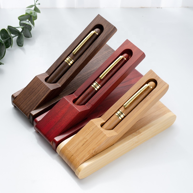 Zeamor Boligrafo de madera bois naturel Gel rouleau encre fontaine bambou stylo à bille en bois avec boîte ensemble pour cadeaux