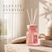 Diffuseur à bâtonnets personnalisé 200 ml, Parfum d'ambiance Pêche Rosée, Marque privée, Achat en gros OEM pour Cadeau, Commerce de détail, Boutique, Hôtel et Spa