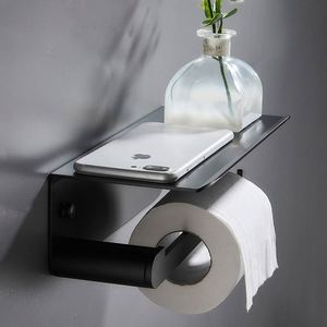 Porte-papier toilette multifonctionnel en acier inoxydable antirouille, support mural en métal noir adhésif pour hôtel, salle à manger, salle de bain - Product Image 6