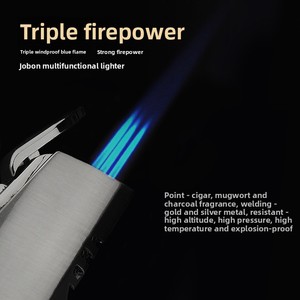 Briquet de marque chinoise au design créatif à trois jets de flamme bleue, torche à jet métallique coupe-vent pour cigares, herbes aromatiques et barbecue - Product Image 4
