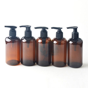 250ml 8oz Amber PET Pump Bottles Empty Round Bottles w/Black Plastic cap Lotion Pumps