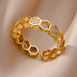 Cincin Pernikahan lebah lucu berlapis 18k, cincin pernikahan heksagonal berlian zirkonia berkilau geometris minimalis wanita - Product Image 1