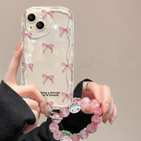 Coque de téléphone portable en TPU avec motif nœud rose et lettres mignonnes, bord ondulé crème glacée et bracelet pour iPhone 11 12 13 14 15 16 17 Air