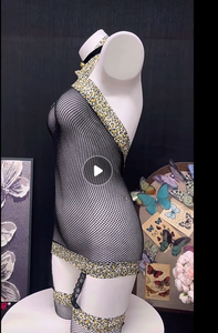 Ensemble de lingerie sexy en maille léopard pour femme, imprimé animal, col licou, dos ouvert, vente en gros, personnalisable OEM, lot en vrac - Product Image 6