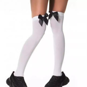 White Knee <b>Socks</b> With Black Bow Women's Daily Wear <b>Polyester</b> Fiber - Product Image 1