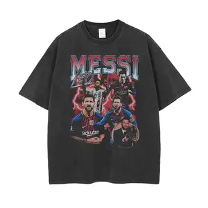 Camisetas De Leo Messi Hip Hop, camiseta de manga corta lavada de 250GSM