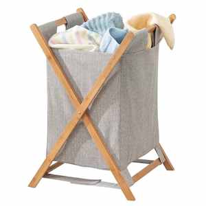 Panier à linge en bois de bambou, chariot de tri, portable et pliable, panier à linge pliable avec doublure amovible en poly/coton - Product Image 6
