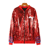 Veste à sequins 2027 Texan Game Day à motif uni rouge, blanc et bleu avec logo en jersey tissé sur le devant et fermeture éclair – Vente en gros personnalisée