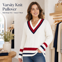 Pull décontracté en maille torsadée pour femme, style preppy, col en V, avec bordure contrastante rouge et bleue, coupe ample à manches longues