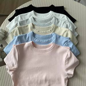 Camisetas de Algodón de Verano para Mujer Estilo BM, Tops de Manga Corta con Cuello Redondo, Color Sólido con Estampado, Capa Base Ajustada, Talla XL para Damas - Product Image 2