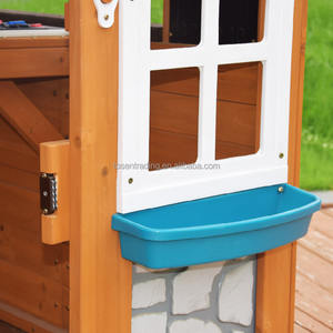 Casita de juegos al aire libre con techo azul, toldo, ventana de plástico y banco - Cabaña infantil para el patio trasero para juegos imaginativos - Product Image 5
