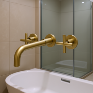 ก๊อกน้ำอ่างล้างหน้าแบบติดผนังสีทองด้าน 2 หัวจับ ดีไซน์ทันสมัย สำหรับใช้ในห้องอาบน้ำ - Product Image 2
