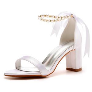 Tacones gruesos de 7 Cm de alta calidad Boca baja Una palabra Tela de satén Con cuentas Mujeres Zapatos de novia Boda Blanco - Product Image 5