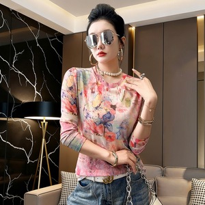Sweet Printed Slim-fit T-shirt 26 Spring and Summer New Age-reducing Round Neck Slimming Inner Outer Wear Base Top - Product Image 2