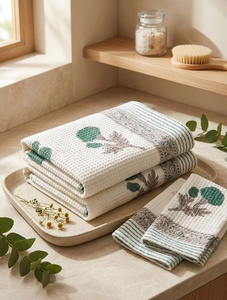 Ensemble de 2 serviettes à main et 1 serviette de bain en coton gaufré, motif feuille brodé, imprimé au bloc, absorbant, pour adulte, écologique, décoration personnalisée pour la maison - Product Image 1