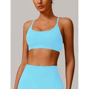 Sujetador deportivo con tiras cruzadas para mujer, acolchado, de bajo impacto, para yoga, correr, hacer ejercicio, con copas extraíbles, azul claro, M - Product Image 3