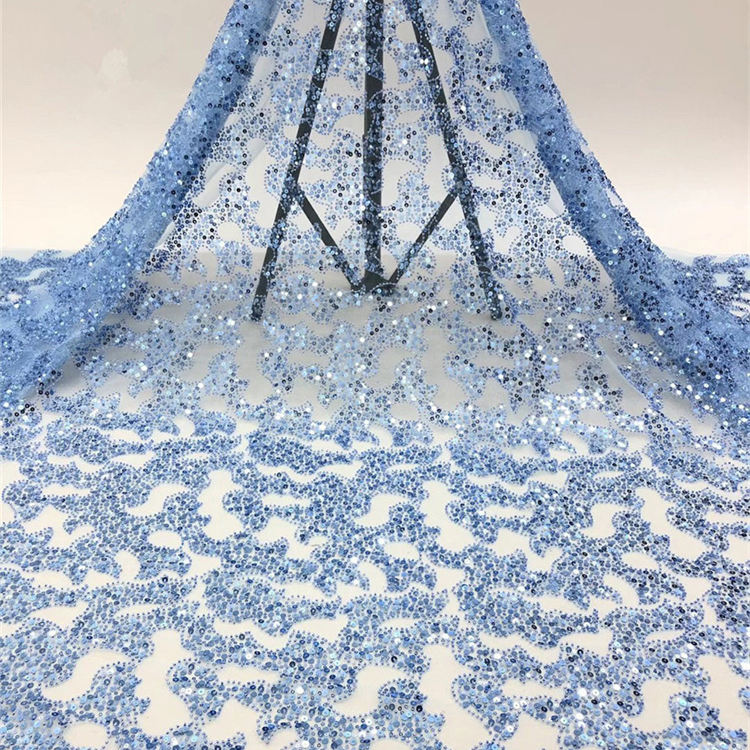 Light Blue Beaded Fabric Elegant Mesh with Sequins