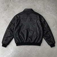 Veste en similicuir cloutée sur mesure OEM, noire, en PU, coupe oversize, avec fermeture éclair, col rabattu, appliqué, ourlet côtelé, unisexe, style streetwear