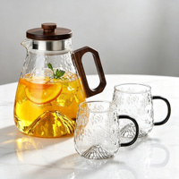 Carafe à eau en verre borosilicate de 1,3 L avec 2 tasses, motif flocon de neige, pour eau froide, théière en verre avec poignée en bois, vaisselle