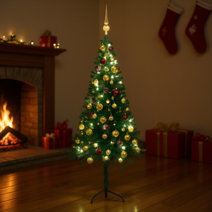 Sapin de Noël artificiel en PVC vert de 47,2 pouces avec lumières LED et ensemble de boules pour décoration d'angle intérieur - Product Image 2