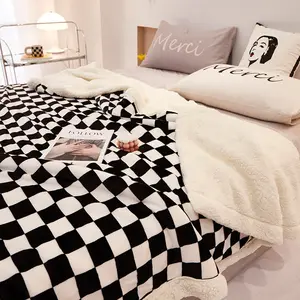 2023 Inverno Quente Nova Moda Ins Sofá Jogar Plush Único Tamanho Duplo Cobertor De Cama Sherpa Fleece Checker Board Blanket