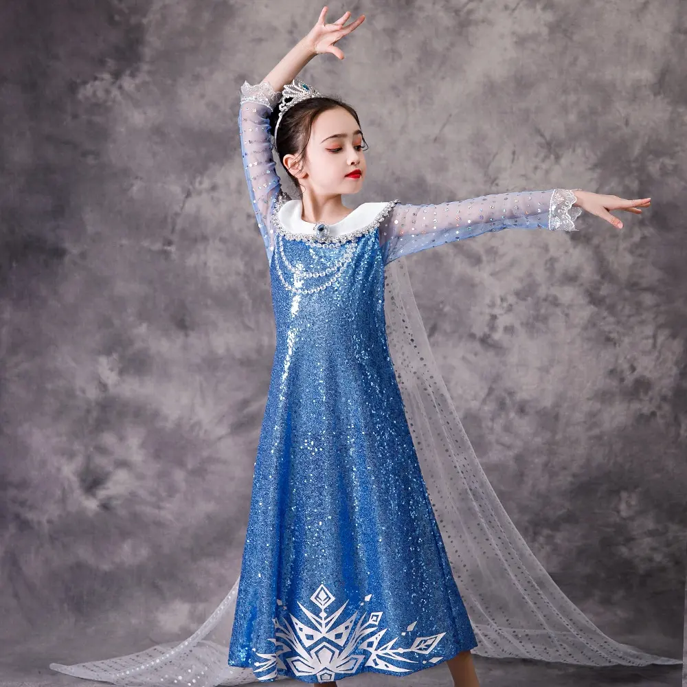 Cosplay Prinses Elsa Sequin Zomer Lange Jurk Kostuums Birthday Party Kids Kleding Sparkle Formele Bloem Meisjes Jurken