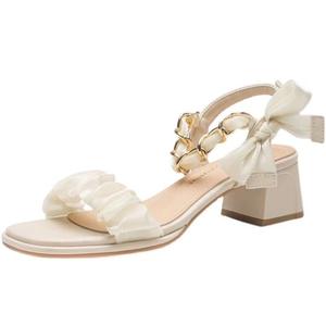 Zapatos de Novia con Tacón Grueso y Lazo para Mujer, Sandalias de Vestir con Correa en el Tobillo y Punta Abierta, Zapatos de Fiesta de Verano, Sencillos y Versátiles - Product Image 4