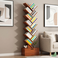 Étagère en forme d'arbre autoportante avec grain de bois de noyer en MDF et tiroir inférieur, support de rangement stable pour la maison et le bureau