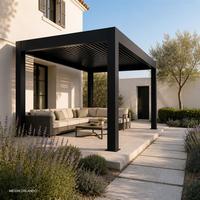 Pergola moderne en aluminium noir à lames orientables avec toit en verre trempé pour structure d'ombrage extérieure, véranda, couverture de patio
