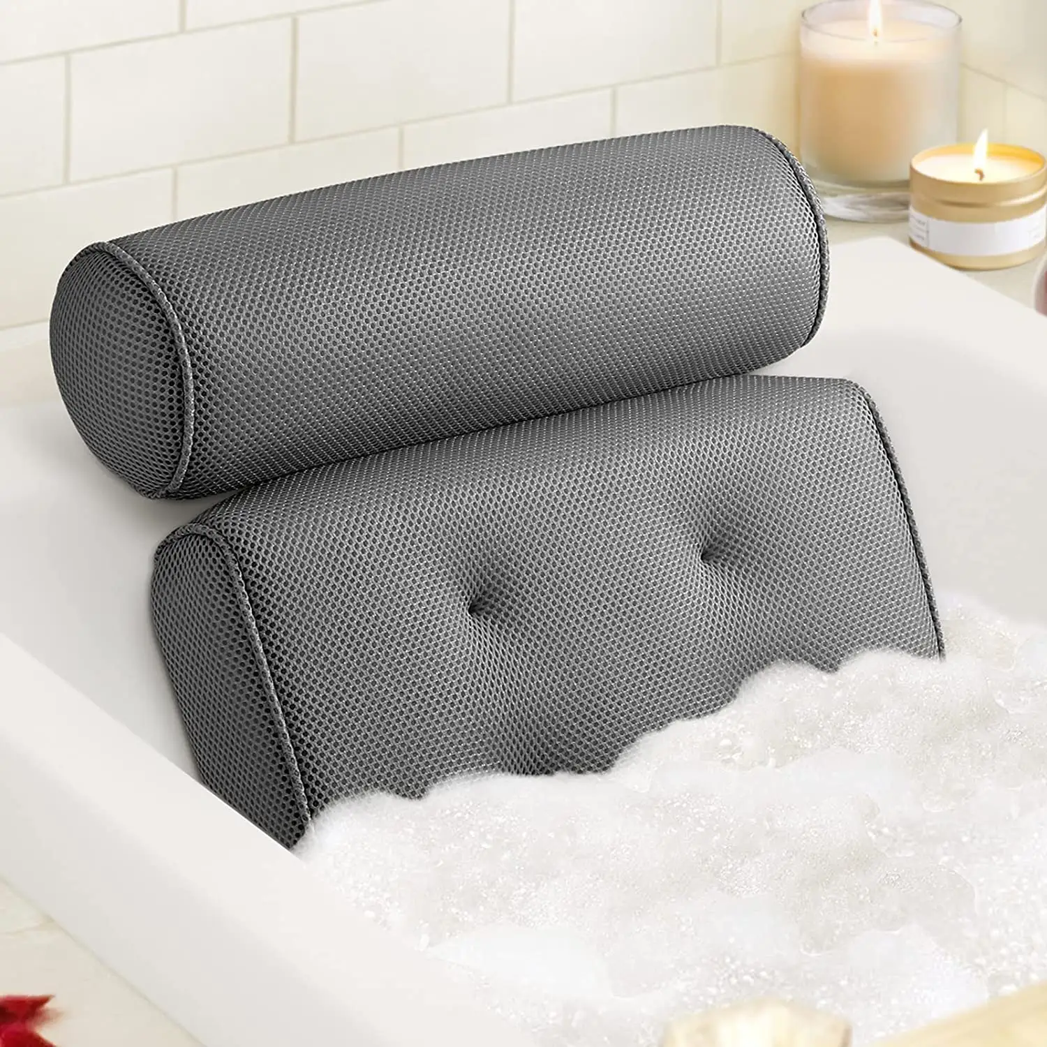 Almohada de malla de aire extragruesa y suave para baño, almohada de bañera con 6 ventosas antideslizantes, accesorios de productos de baño