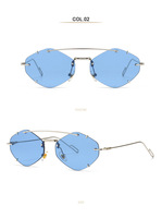 Vente en gros de lunettes de soleil de luxe sans monture en forme de diamant, lunettes de soleil en métal à petite monture tendance pour femmes