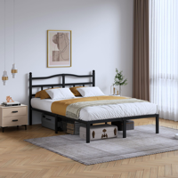 Cadre de lit en métal moderne, taille Queen, robuste, avec tête de lit, noir, sommier à lattes en acier, sans sommier à ressorts, pour chambre à coucher