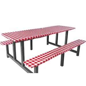 3件套方格防水弹性桌布6英尺72x30英寸安装野餐桌盖，带72x12英寸长凳盖