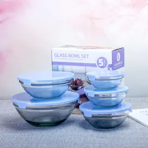 Wholesale Storage Bowl 5pcs Glass Mixing Fresh Bowl Set Round Glass Fruit Salad Food Containers Serving Bowl With Plastic Lid