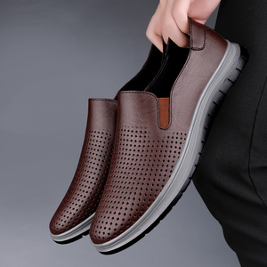 Zapatos de cuero de suela blanda de piel de vaca de capa superior con zapatos casuales transpirables ahuecados para hombres, zapatos perezosos de un pie - Product Image 3