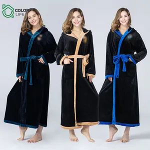 Autumn And Winter New Style Thick Flannel Bathrobe Three-color Women's Hooded Long Home Wear