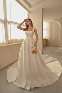 Abito da <span class=keywords><strong>sposa</strong></span> LY-WD1350 in raso di alta qualità con strascico per spose, elegante, personalizzabile, stile <span class=keywords><strong>vintage</strong></span>, taglia e scollo personalizzabili - Product Image 4