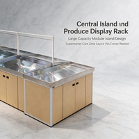 Îlot de présentation modulaire en acier inoxydable à grain de bois pour produits frais, conception robuste et étanche, gain de place, pour supermarché commercial, fruits