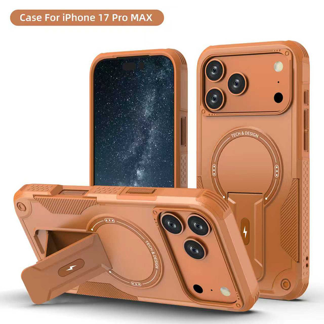 Magnetic Stand Case for iPhone 17 Pro Max Rugged PC TPU Protective Cover with Dual Viewing Angles and Raised Camera Guard Use