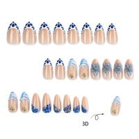 Faux ongles en PMMA style estival bord de mer, faits à la main, forme amande, à presser, avec pointes françaises, décorations peintes à la main de fleurs, étoiles de mer métalliques et perles