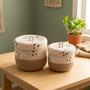 Natural Jute Woven Storage <b>Basket</b> <b>with</b> <b>Lid</b> Round Cotton Rope Organizer for Indoor Balcony Home Decor - Product Image 4