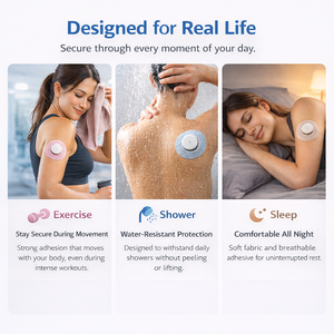 Patch adhésif pour capteur de glycémie continu (CGM) en tissu extensible respirant, maintien robuste, retrait facile sans résidus, OEM - Product Image 4