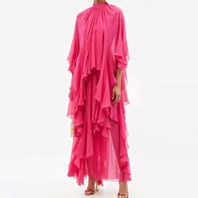 サマービーチエレガントホリデーウィンドロングドレス2023新しいファッションスタンドカラーセクシーシフォンフリルドレス女性の女性のドレス