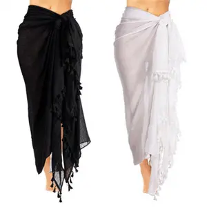 Pareo sarong gömlek beyaz maxi gömlek kapak-up kayış bel beachwear tül pareo sarong